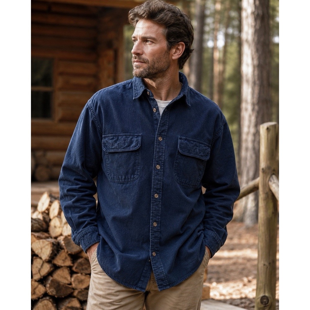 Field & Stream Mens Navy Blue Heavyweight Flannel Chamois Button Down‎ Shirt XL